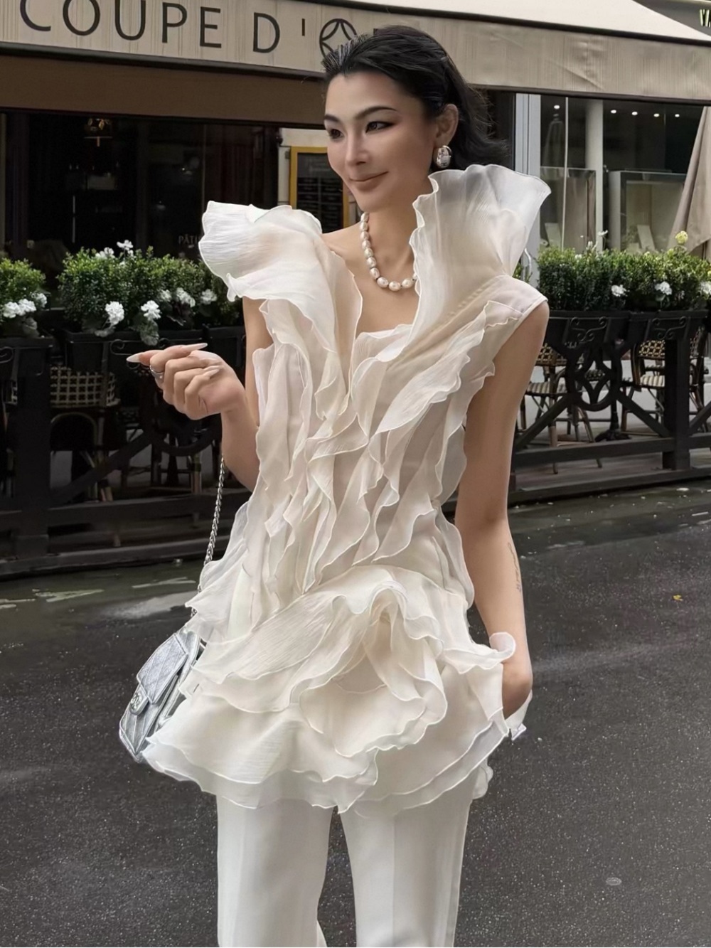 Elegant Ivory Ruffle Sleeveless top - Chic